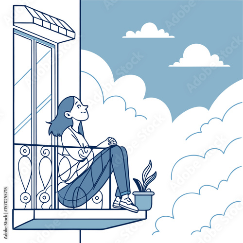 Woman sitting on balcony looking at clouds with a potted plant and a window with a metal railing
