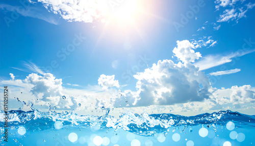 水しぶきとまぶしい太陽の光に満ちた夏の空。A summer sky filled with splashes of water and dazzling sunlight.