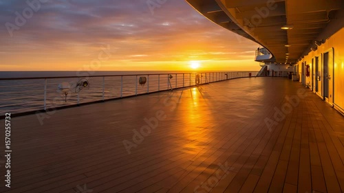 Golden reflections of the sunset paint the cruise deck in warm hues