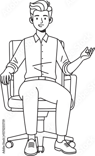 Line Art of a Friendly and Engaged Young Man Seated in an Office Chair, Gesturing Openly