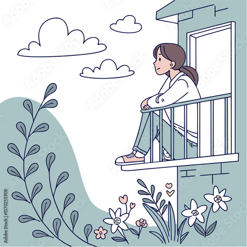 Illustration of a woman on a balcony looking at clouds with flowers and plants surrounding her view outside
