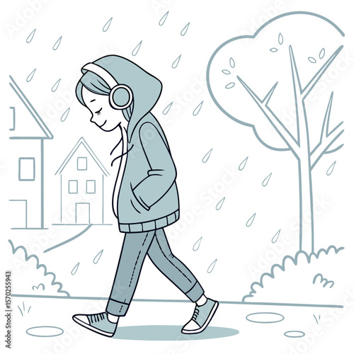 Girl with headphones walking in the rain near houses and a tree in a monochrome cartoon illustration