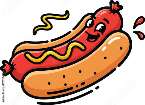 A cheerful and vibrant cartoon vector illustration of a happy hot dog with mustard in a bun, featuring a friendly face.