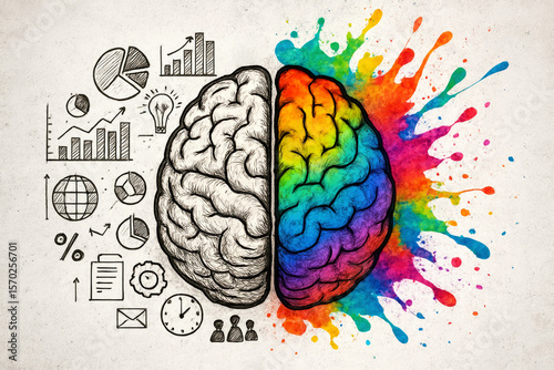 Left brain analytical right brain creative colorful brain human brain