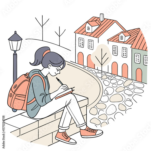 Young woman with backpack sitting on a wall sketching in a notebook in front of european style buildings
