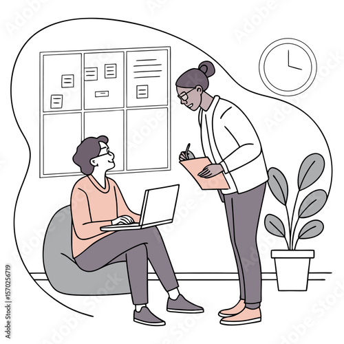 Woman taking notes while another woman works on a laptop in a room with a bulletin board and a plant near a clock