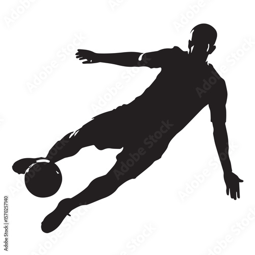 Dynamic black silhouette of a soccer player kicking a ball with intense focus and athletic motion