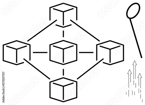 Interconnected cubes symbolize decentralized blockchain networks while arrows and stick emphasize innovation, connectivity, and upward progress. Ideal for finance, technology, innovation, data