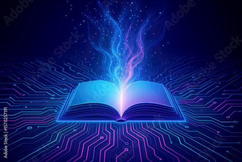 Open book emitting glowing energy over digital circuit board light