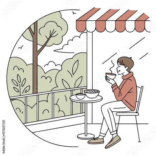 Illustration of a person sitting at a table on a balcony drinking from a bowl with trees in background