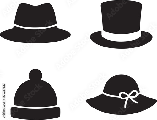 Silhouette illustrations of four different hats on a white background.