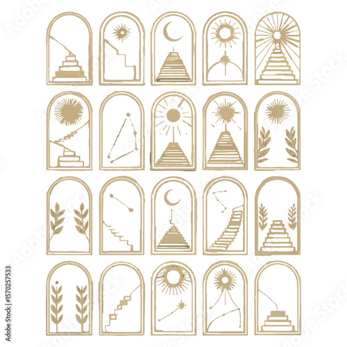 Bohemian archway collection featuring celestial bodies stairs and botanical elements in gold