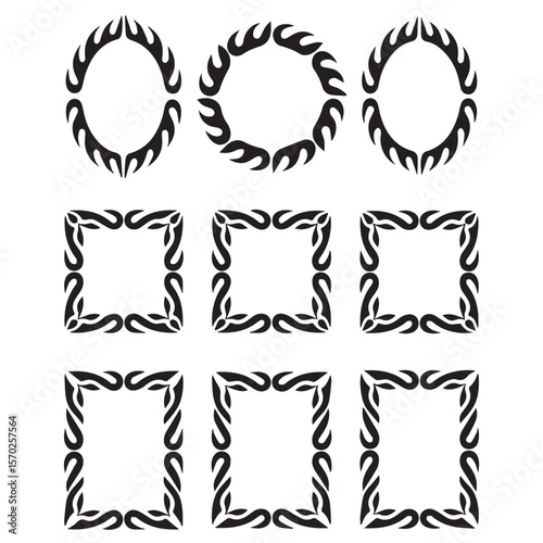 Collection of nine black tribal flame ornamental decorative borders and frames on a white background