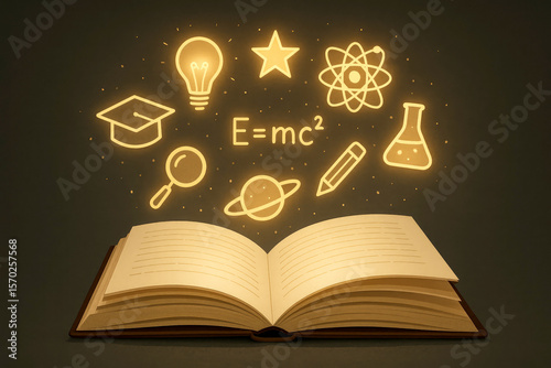 Open book with glowing science and education symbols learning