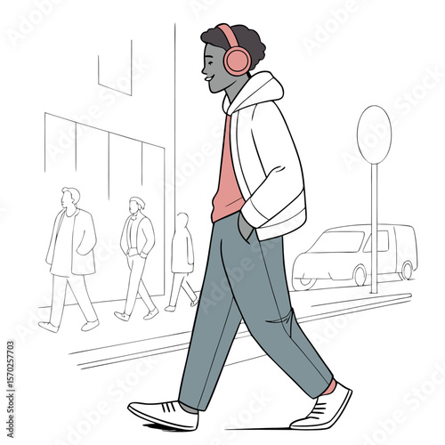 A young man with headphones walking down the street with other people and a car in the background scene