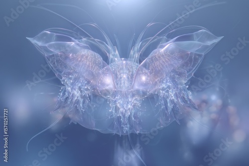 A translucent ethereal jellyfish like creature floating in a blue underwater environment with light effects