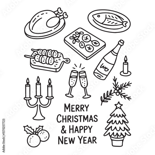 Hand drawn doodle illustration of festive christmas and new year food drinks and decorations with celebratory text