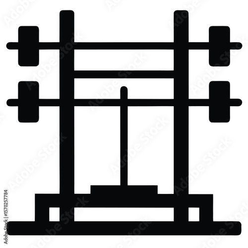 Clean black and white icon of a gym barbell rack on a white background