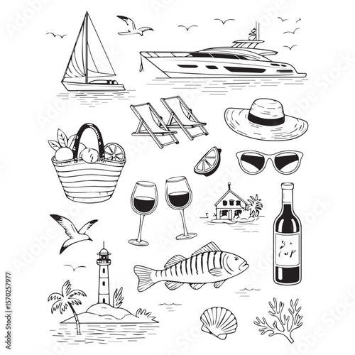 Collection of hand drawn nautical and summer vacation elements including a sailboat yacht and beach accessories