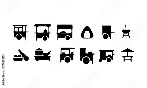 Street Food Cart Icons Black Silhouette Vector Graphics