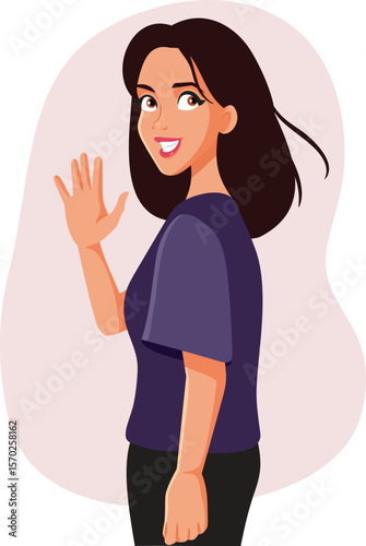 Happy Friendly Woman Waving Hello Vector Character. Polite person greets when meeting someone in a friendly manner
