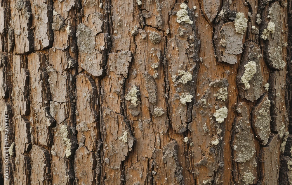 Obraz premium Rough Elm Bark Texture Warm Brown, Jagged Grooves, and Lichen - Perfect for Text Overlay