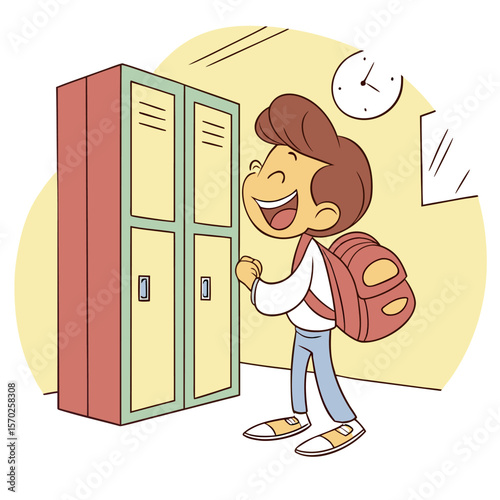 A happy cartoon boy with a backpack standing near lockers in a school hallway with a clock on the wall