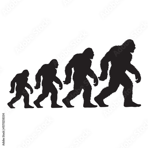 Bigfoot evolution silhouette showing progression from smaller ape like figures to a larger hairy creature