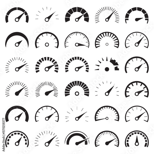Collection of diverse black and white speedometer icons representing speed and performance measurement