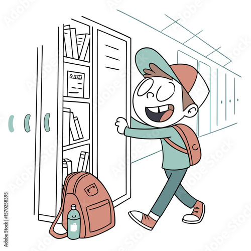 Illustration of a smiling boy with a backpack opening a locker in a school hallway with other lockers