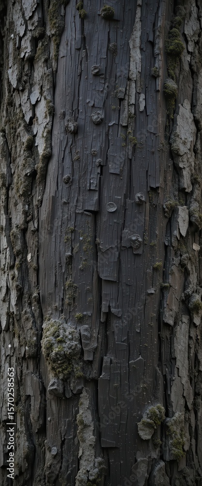 Obraz premium Dark Oak Bark Texture Deep Black-Brown Hues, Coarse Ridges, and Moss