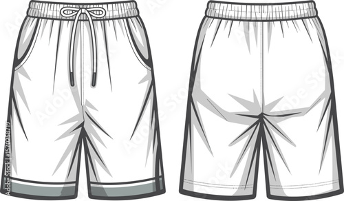 Men's Sporty Drawstring Shorts Fashion Flat Sketch with Elastic Waistband and Cuff Detail, Ideal for Athletic and Casual Wear