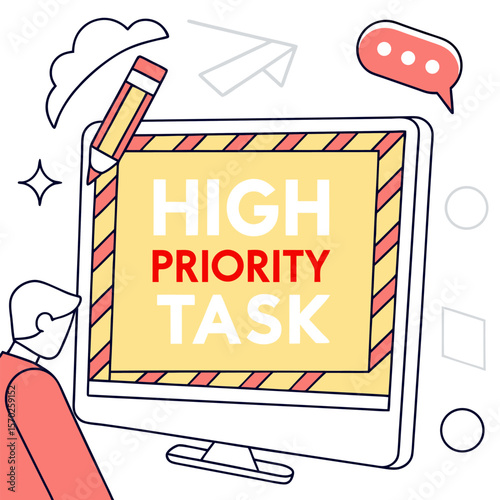 Person viewing a computer screen displaying high priority task with pencil and cloud icons around it