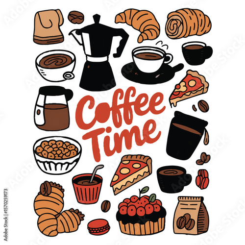 A delightful collection of hand drawn coffee drinks pastries and pizza slices for a perfect coffee break