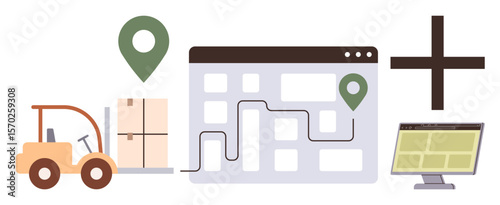Forklift moving packages, location markers, computer screen with data, and route on map. Ideal for logistics, delivery planning, supply management, inventory system, fleet tracking warehouse