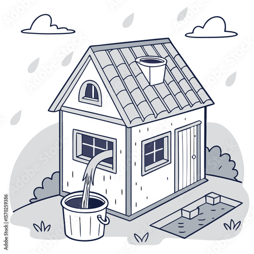 Illustration of a leaky house with water pouring into a bucket during a rain shower with clouds above
