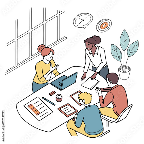 Illustration of a diverse group of people collaborating around a table with documents and a laptop in a meeting