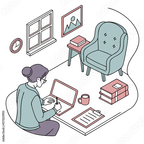 Woman with laptop in isometric room with chair, window, books, and art, working at a desk with documents