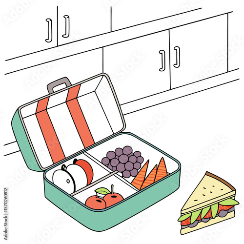 Open lunchbox with apples grapes carrots and a sandwich near cabinets in a kitchen setting illustration