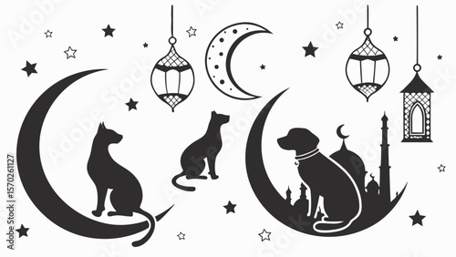 Islamic Pet Silhouettes — Crescent Moon with Cat, Masjid Background with Dog, Ramadan Lanterns for Faithful Pet-Lover Designs