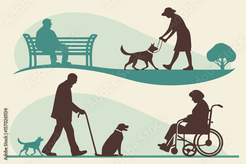 Elderly with Pets Silhouette Pack — Senior Citizens Walking Dogs, Sitting with Cats, Wheelchair and Cane Scenes for Healthcare & Charity Brands