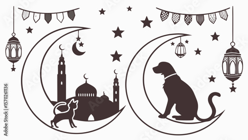 Islamic Pet Silhouettes — Crescent Moon with Cat, Masjid Background with Dog, Ramadan Lanterns for Faithful Pet-Lover Designs