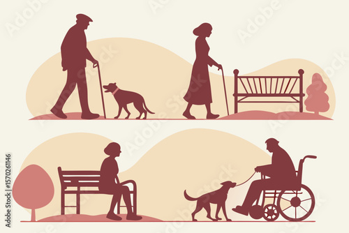 Elderly with Pets Silhouette Pack — Senior Citizens Walking Dogs, Sitting with Cats, Wheelchair and Cane Scenes for Healthcare & Charity Brands