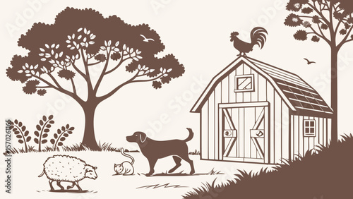 Farm Animal & Pet Silhouettes — Dog Herding Sheep, Cat in Haystack, Barn and Rooster Scenes for Country Decor & Kids Books