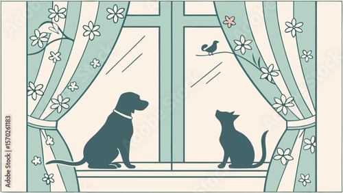 Pet in Window Curtain Silhouettes — Cats & Dogs Peeking Through Curtains, Watching Outside for Cozy Home Decor Scenes