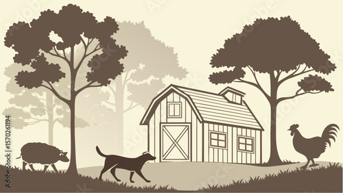 Farm Animal & Pet Silhouettes — Dog Herding Sheep, Cat in Haystack, Barn and Rooster Scenes for Country Decor & Kids Books