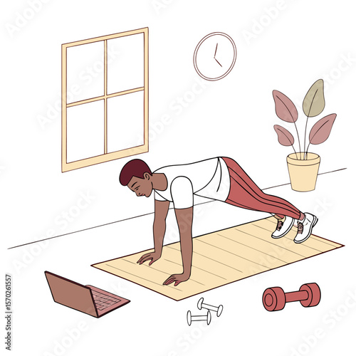 A man in plank position on a mat in a room with a window, laptop, dumbbells, clock and a potted plant