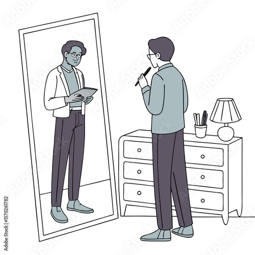 Man standing in front of a mirror holding a pen and reflection holding tablet in a room setting scene