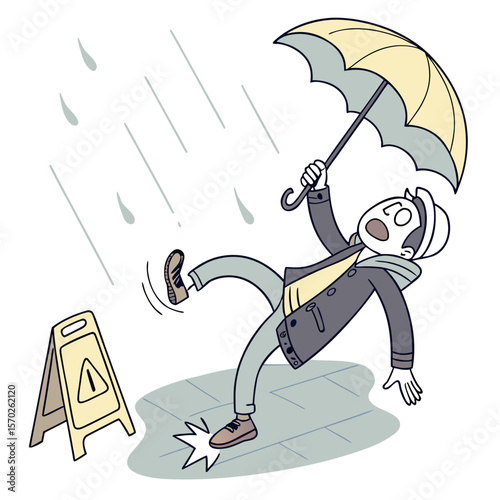 Man slipping on wet floor holding umbrella near caution sign in rainy weather with raindrops falling