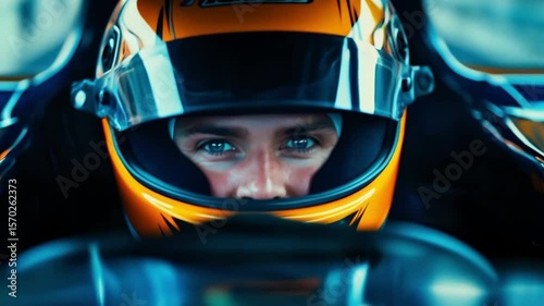 An intense close-up on a Formula 1 driver's eyes, inside the cockpit during a race. Front tracking shot. 4K.
